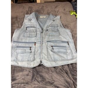 Olympina Mens Denim Fishing Utility Vest 2XL Light Blue Multiple Pockets